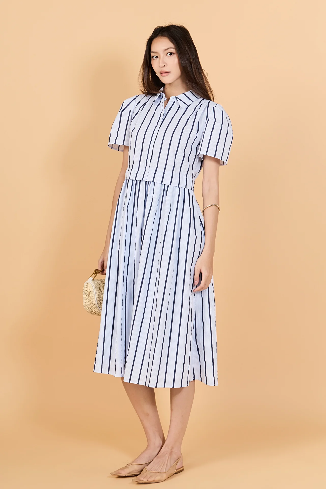 Striped Pleated Shoulder Shirt Midi Dress - Image 3