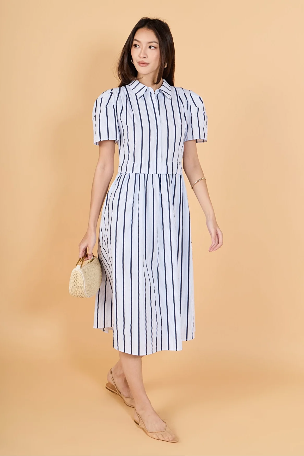 Striped Pleated Shoulder Shirt Midi Dress - Image 5
