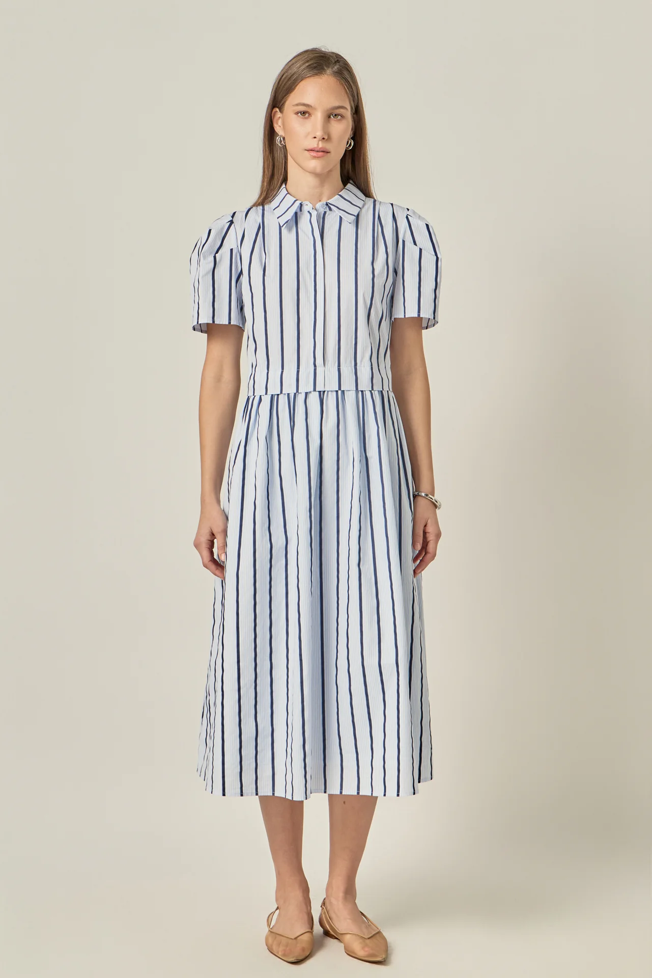 Striped Pleated Shoulder Shirt Midi Dress - Image 6