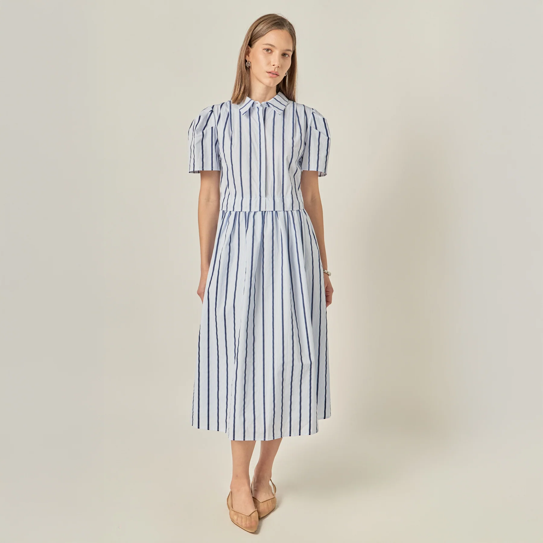Striped Pleated Shoulder Shirt Midi Dress - Image 7