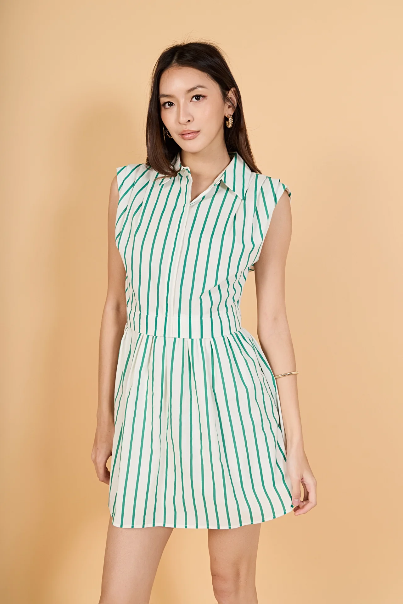 Emerald Stripe Pleated Shoulder Mini Dress - Image 5