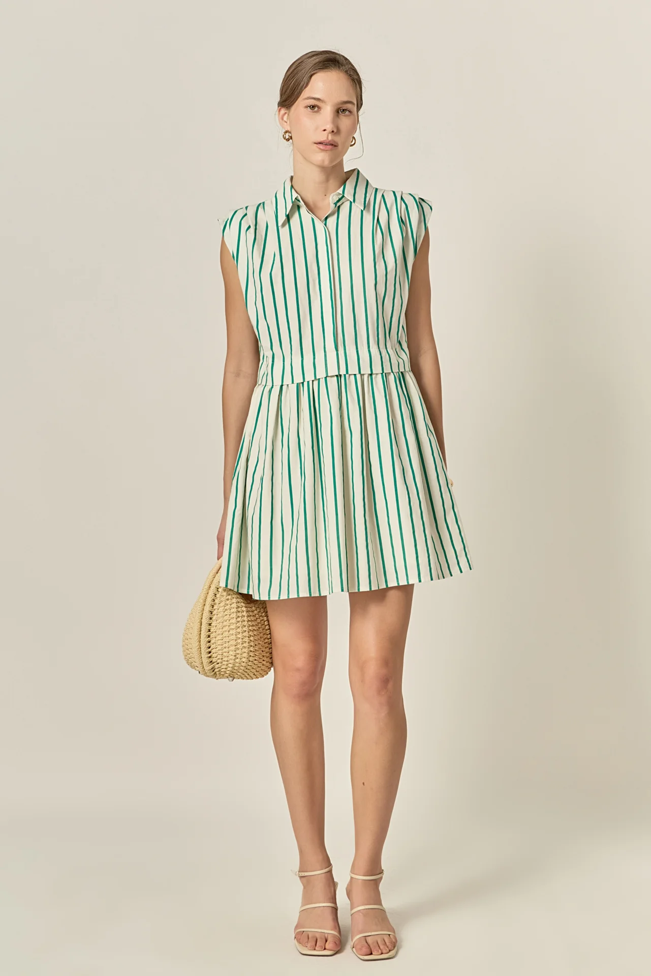 Emerald Stripe Pleated Shoulder Mini Dress - Image 6