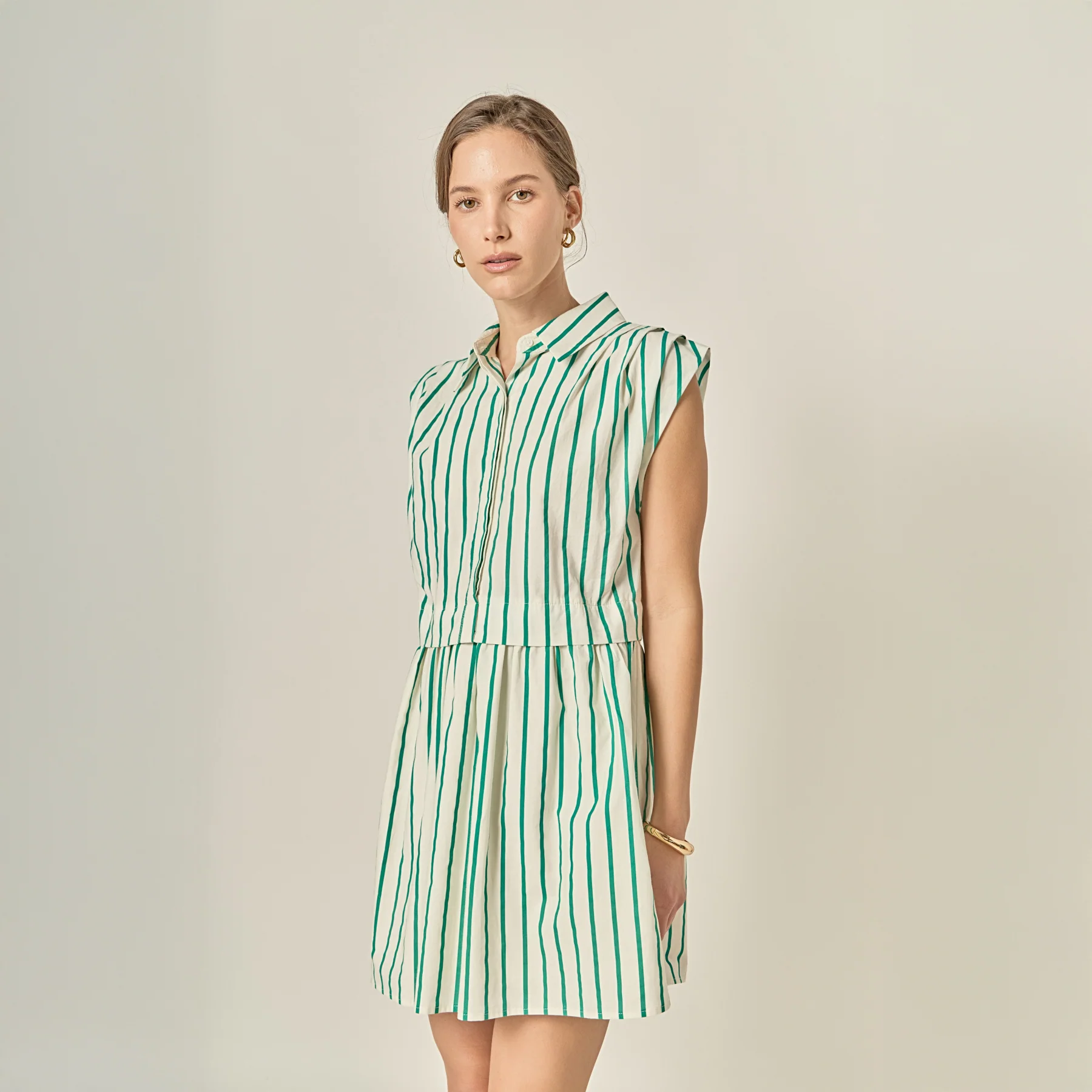 Emerald Stripe Pleated Shoulder Mini Dress - Image 7