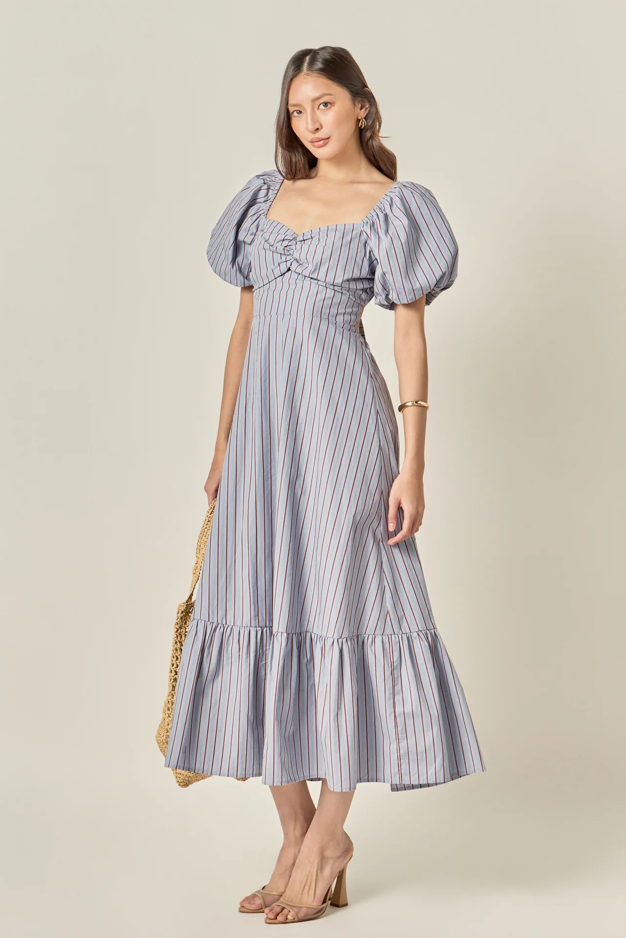 Striped Tie Back Puff Sleeve Maxi Dress - Image 5