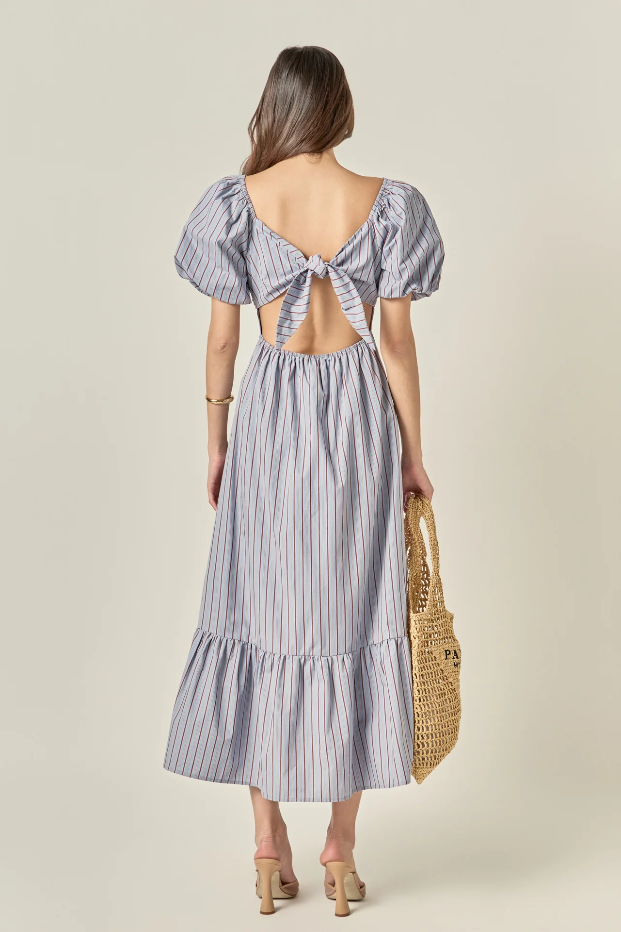 Striped Tie Back Puff Sleeve Maxi Dress - Image 6