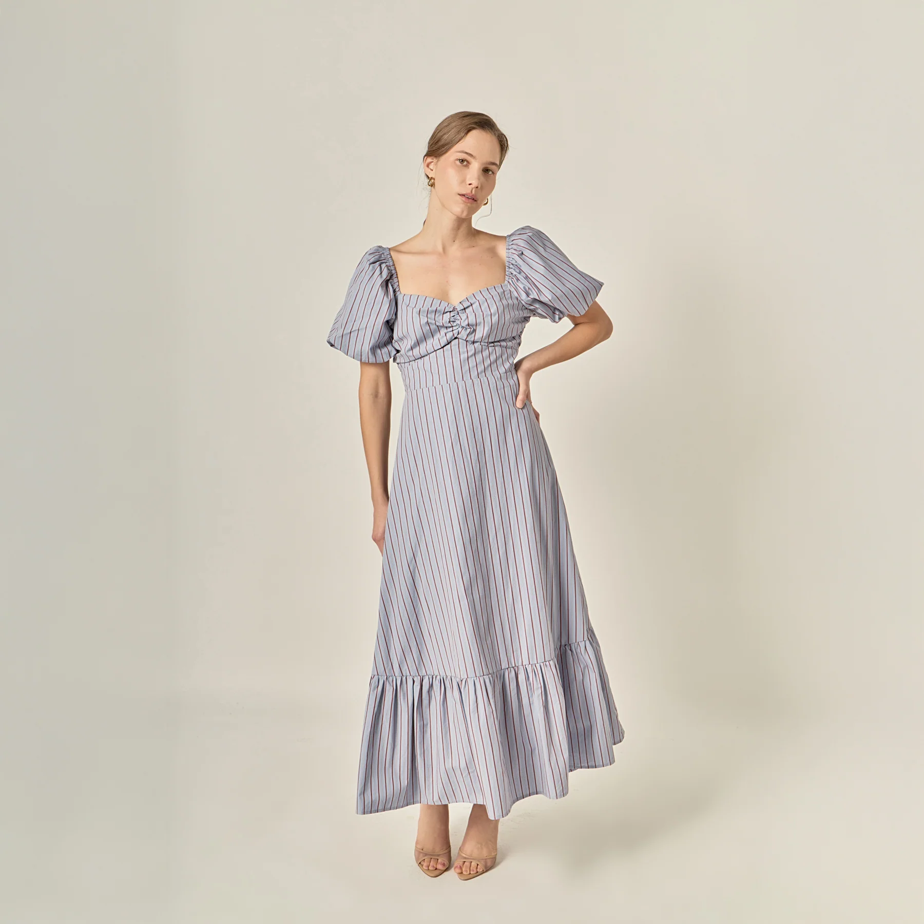Striped Tie Back Puff Sleeve Maxi Dress - Image 9