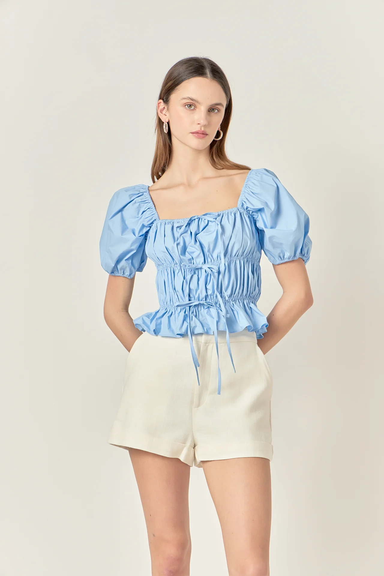 Tie Detail Shirring Top with Short Sleeves - Image 10