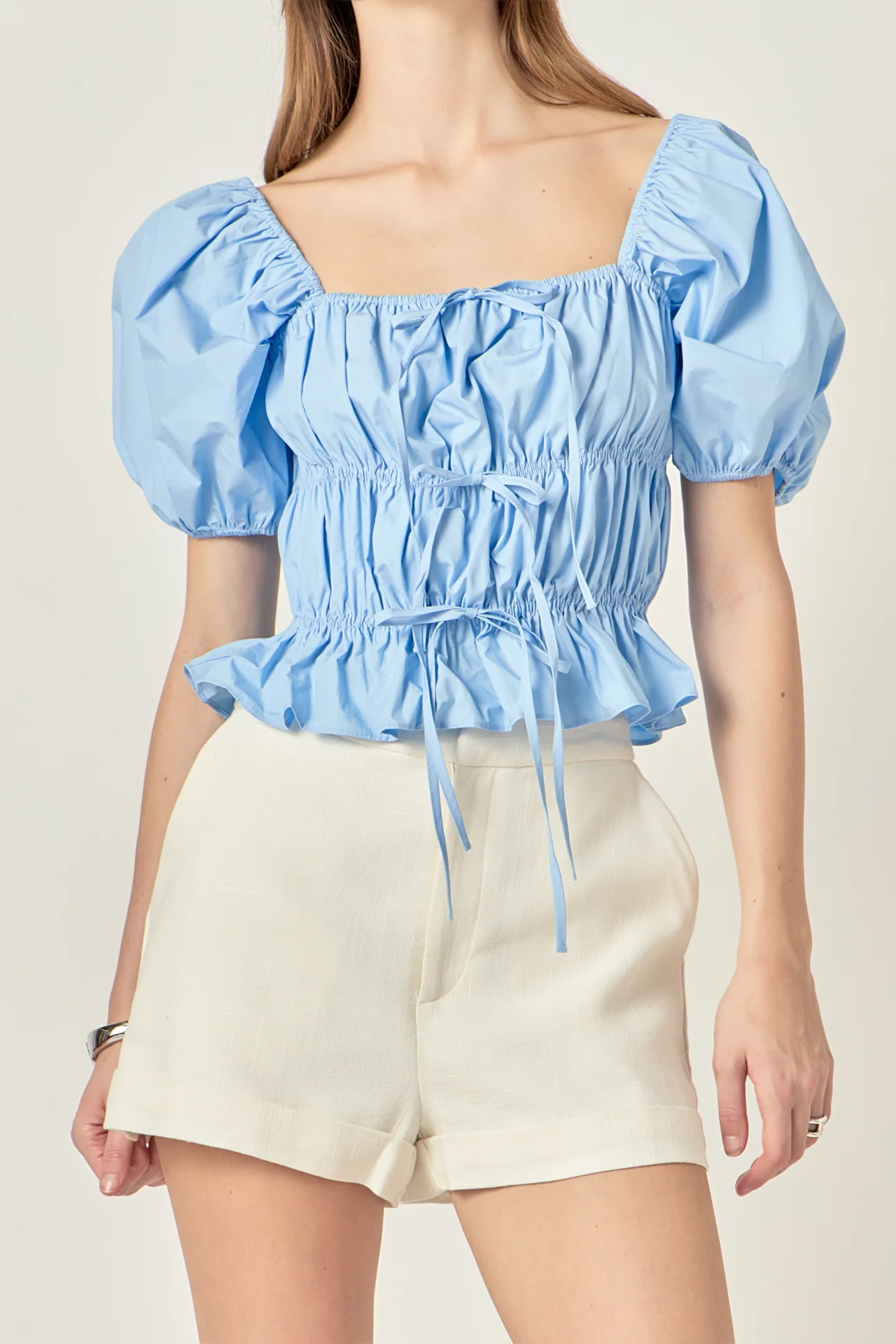 Tie Detail Shirring Top with Short Sleeves - Image 7