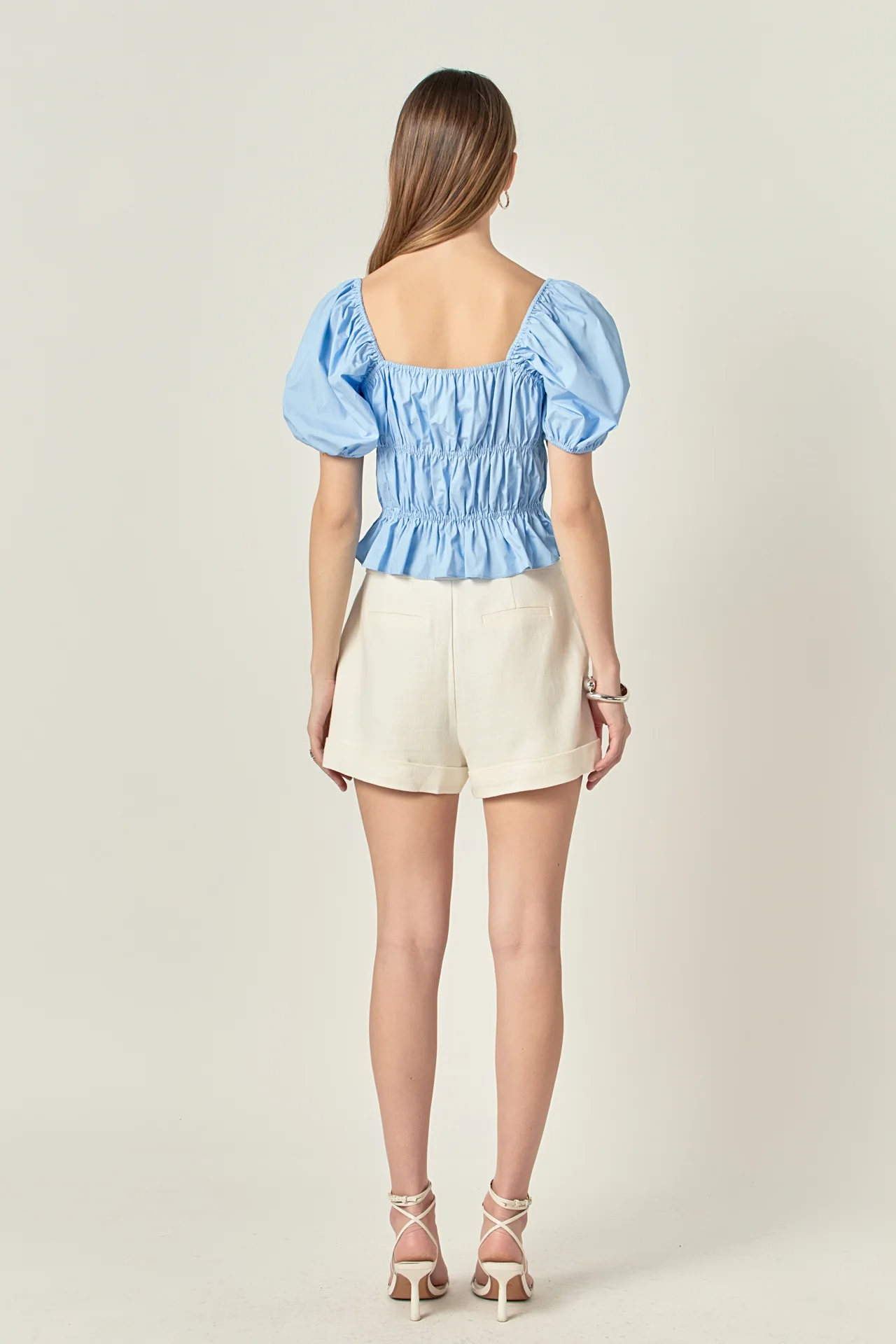 Tie Detail Shirring Top with Short Sleeves - Image 9