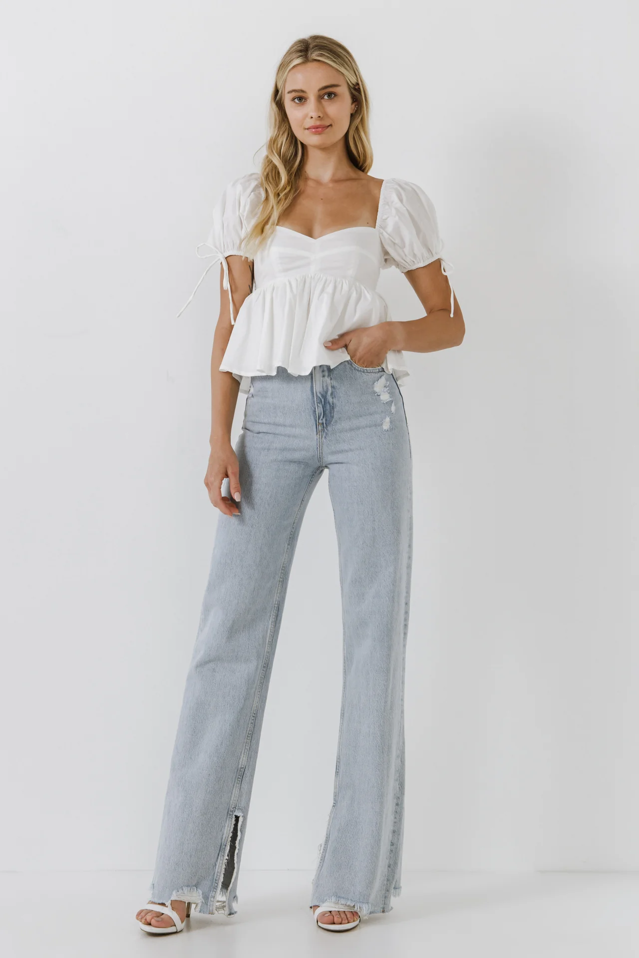 Tied Strap Puff Sleeve Woven Top - Image 11