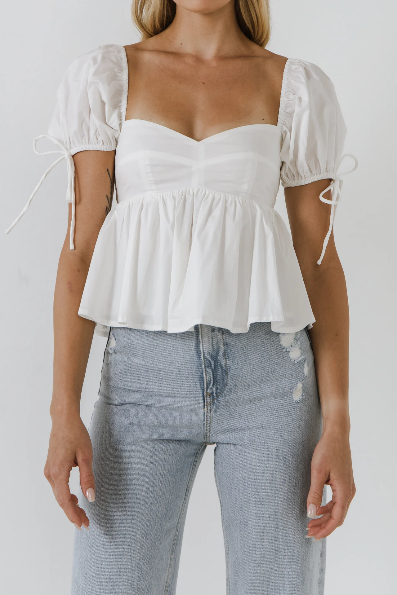 Tied Strap Puff Sleeve Woven Top - Image 12