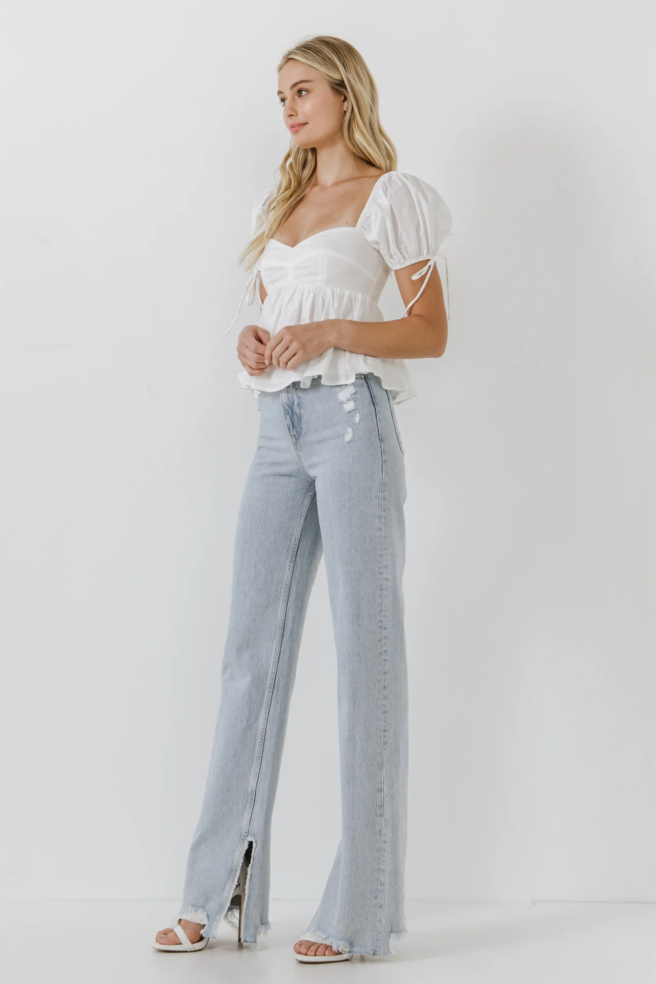 Tied Strap Puff Sleeve Woven Top - Image 13