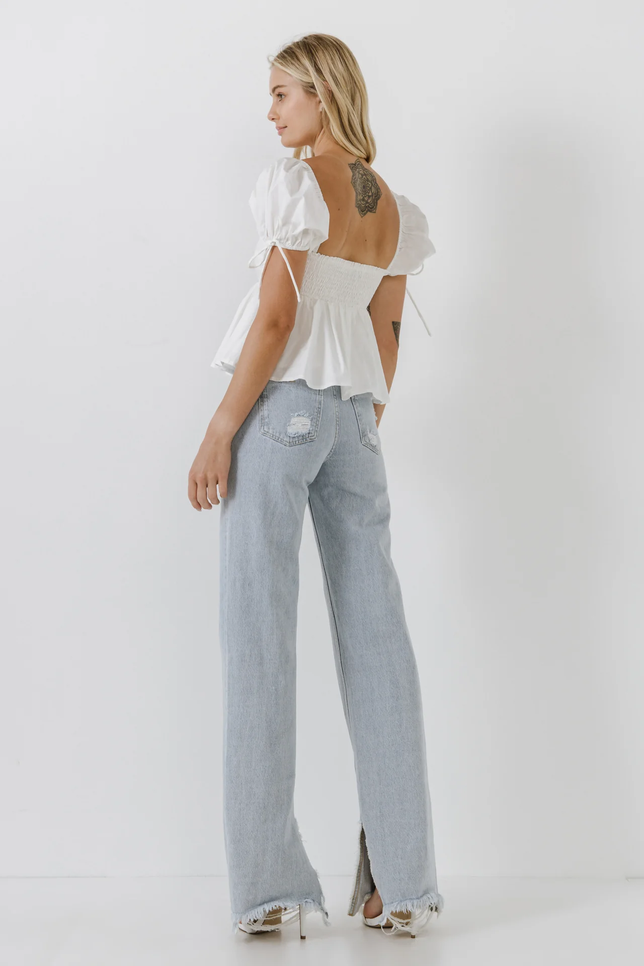 Tied Strap Puff Sleeve Woven Top - Image 14