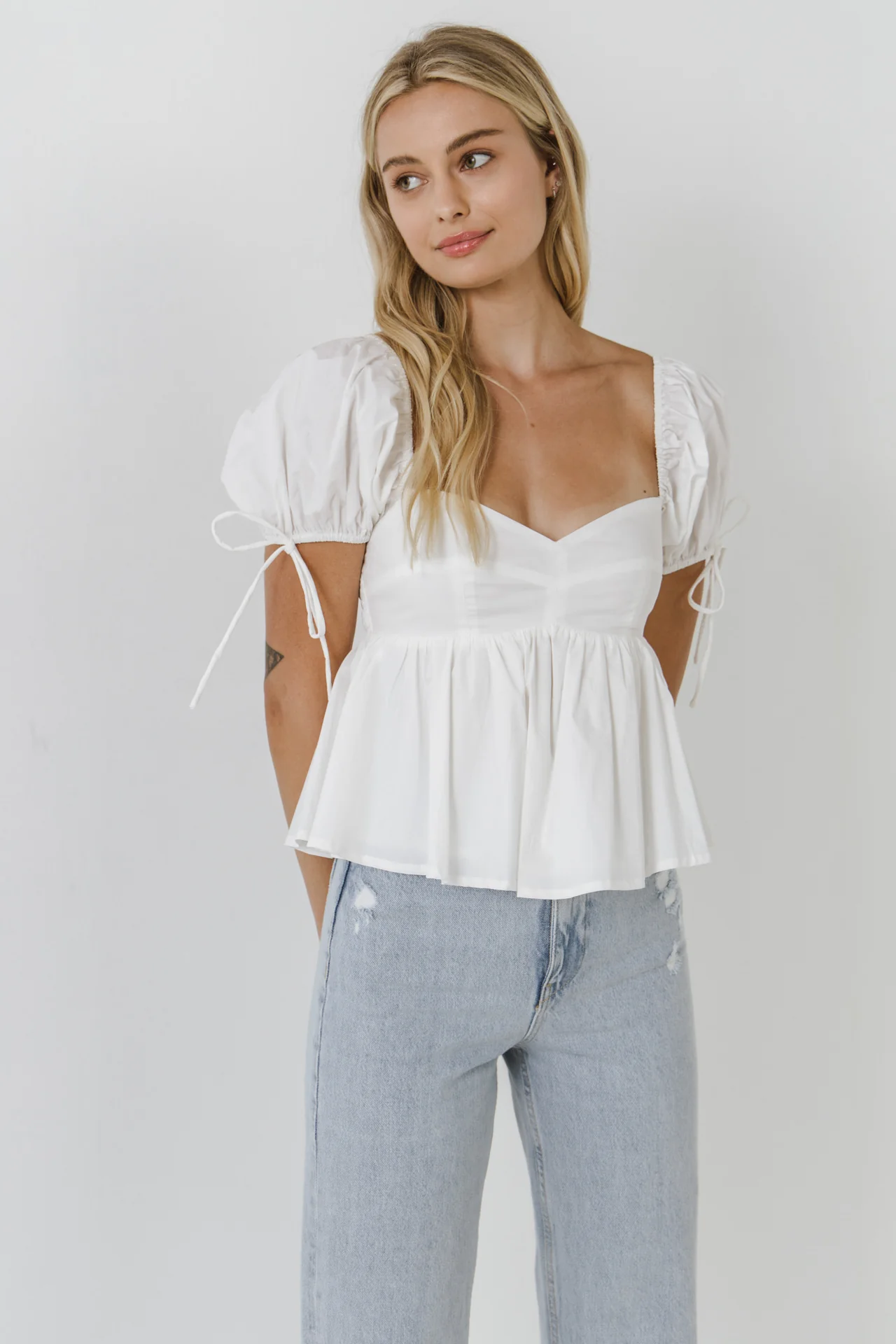 Tied Strap Puff Sleeve Woven Top - Image 15