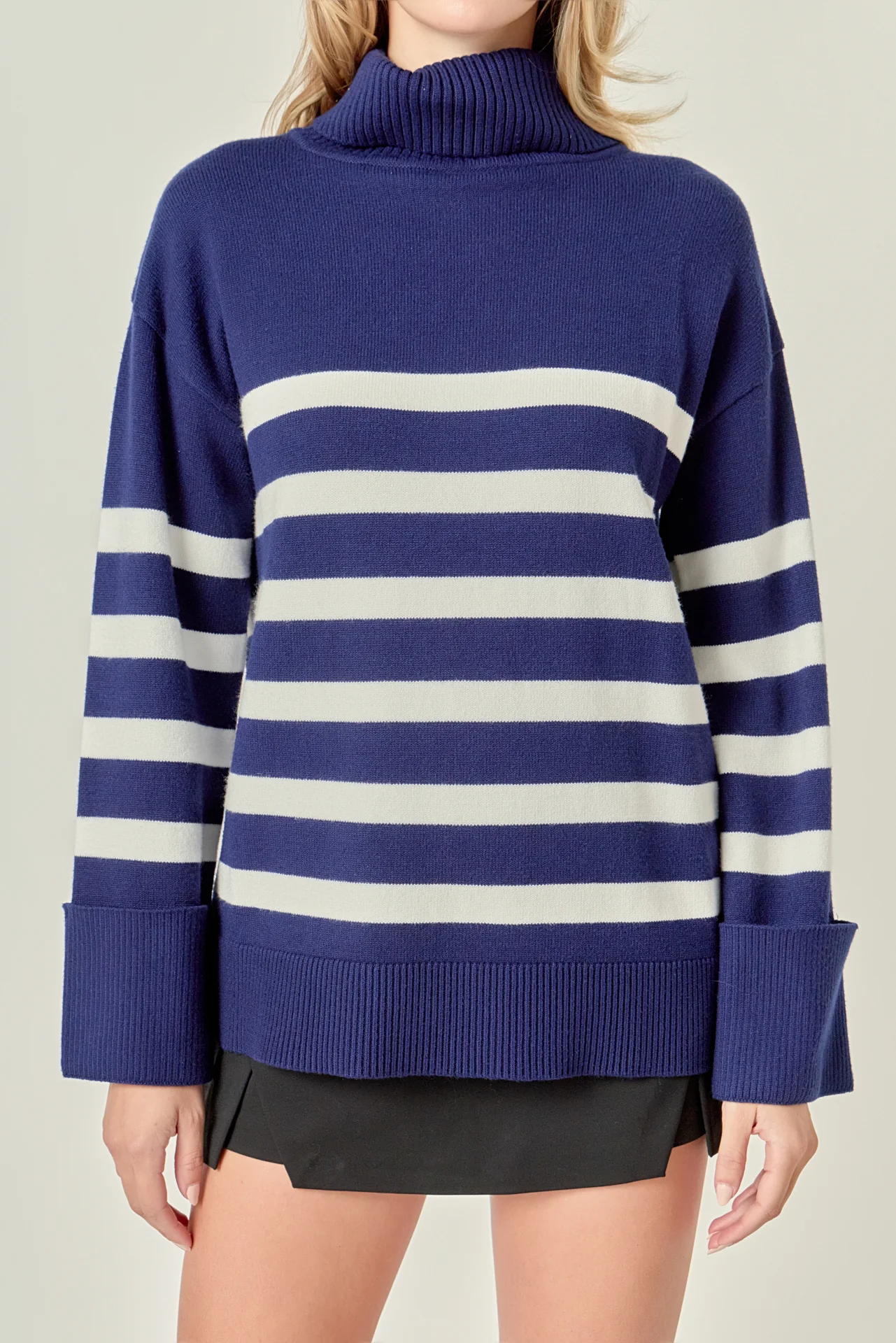 Turtle Neck Stripe Sweater in Navy - Image 2