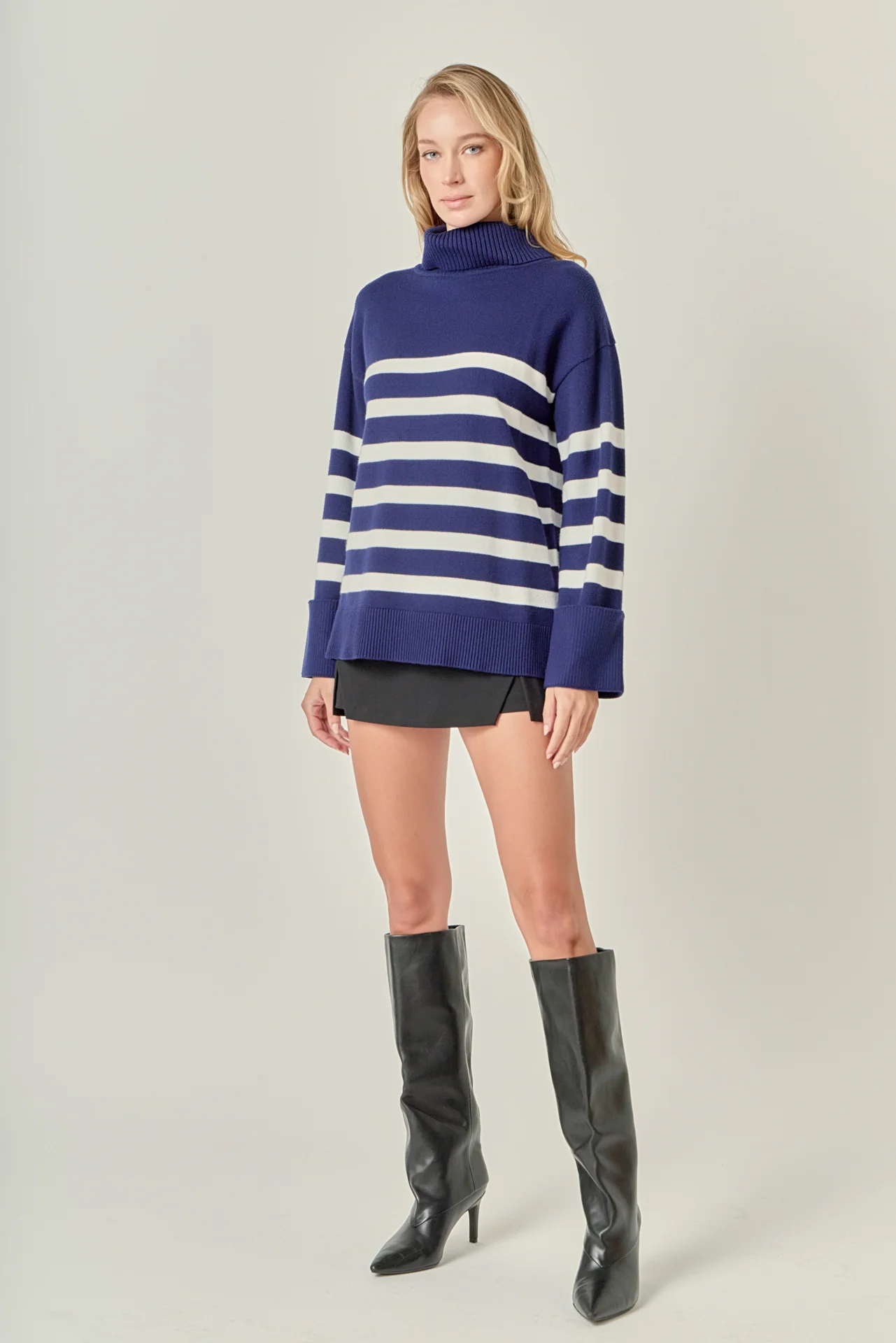 Turtle Neck Stripe Sweater in Navy - Image 3