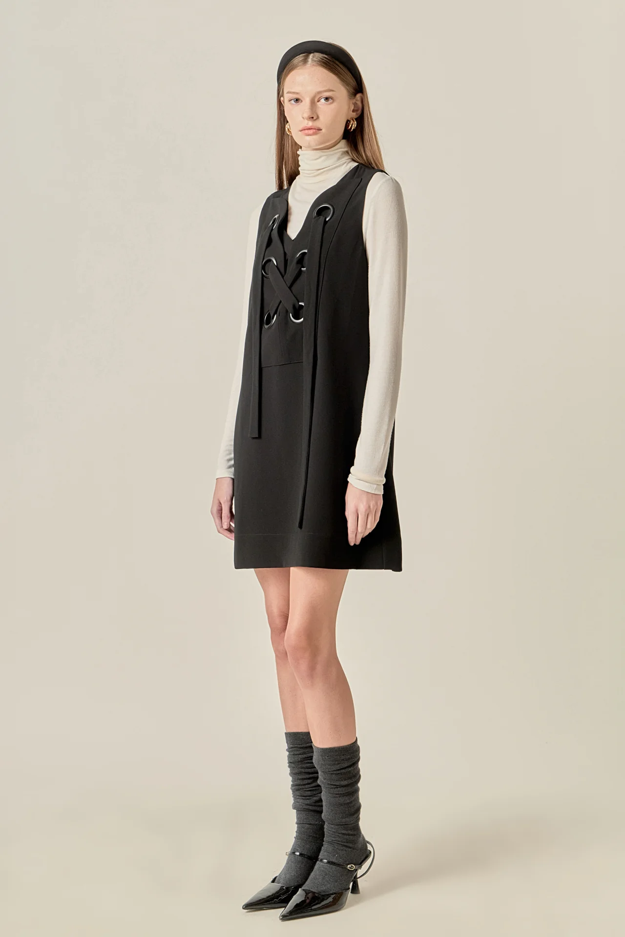 Lace-Up Detail Woven Mini Dress - Image 3